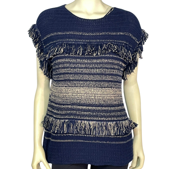 3/$20 Dana Buchman Sz M Knit Sweater Cap Sleeves Striped w/Fringe Blue Beige - Picture 1 of 11